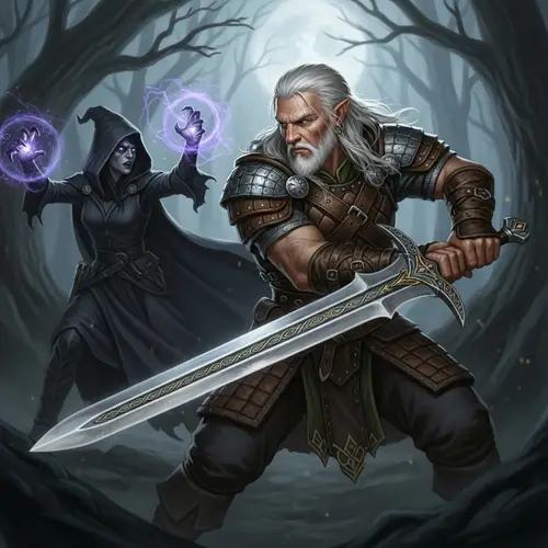 Epic Fantasy Battle: Silver-Haired Warrior vs. Malevolent Witch