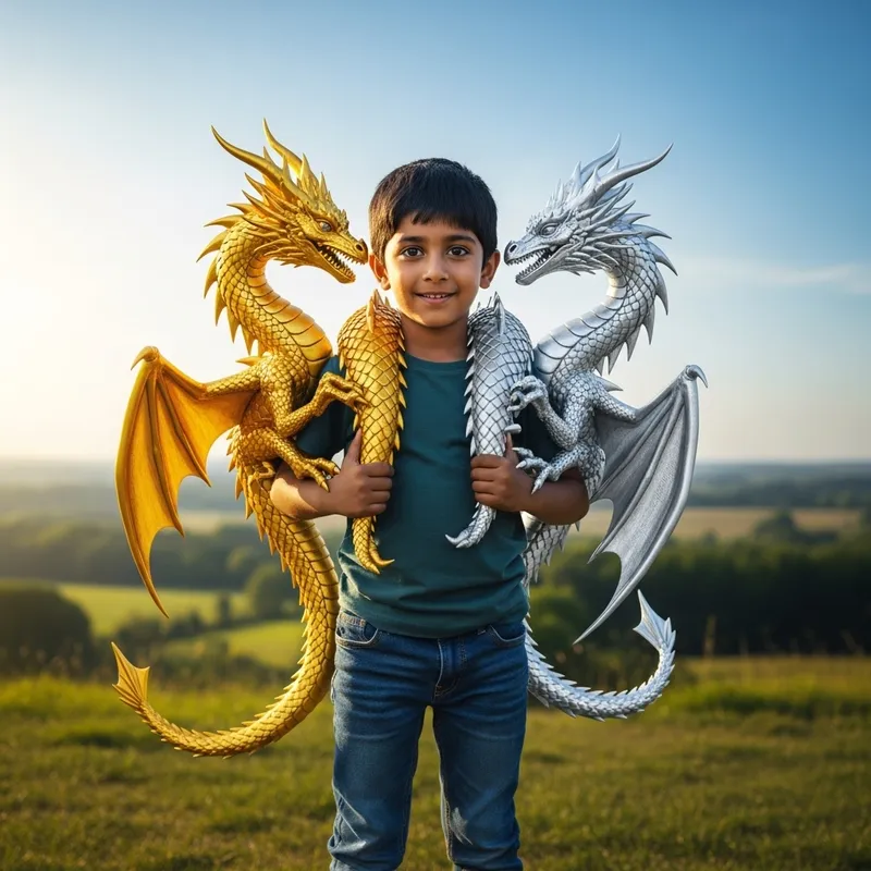 Enchanting Boy with Dragons in Scenic Landscape
