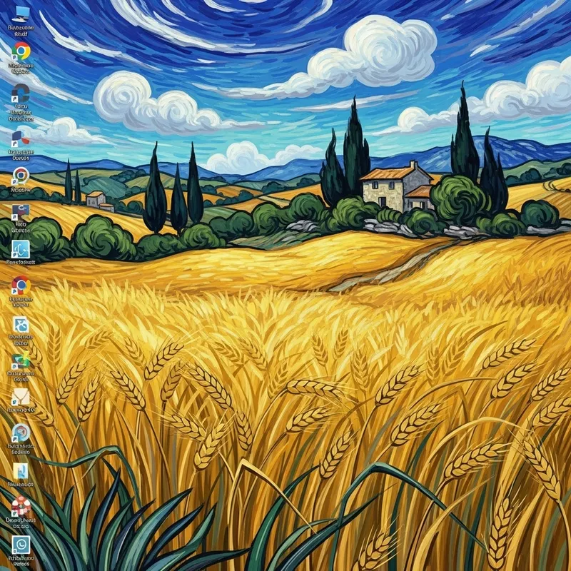 Van Gogh Style Desktop Wallpaper: Tranquil Wheat Field Landscape Van Gogh Style Desktop Wallpaper: Tranquil Wheat Field Landscape