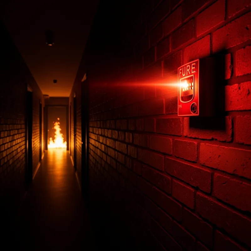 Eerie Fire Alarm Scene in Dark Hallway | Flames Glow Eerie Fire Alarm Scene in Dark Hallway | Flames Glow