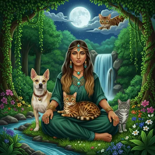 Mystical Middle-Eastern Female Shaman and Her Animal Companions in Enchanted Forest