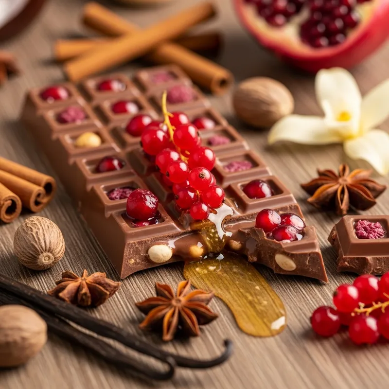 Delicate Milk Chocolate with Red Currant, Pomegranate, Honey & Spices