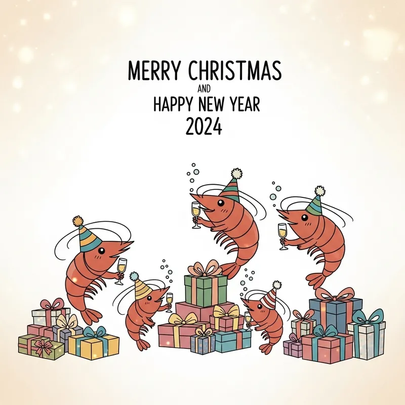 Shrimp Family Celebrating Christmas & New Year Card Design