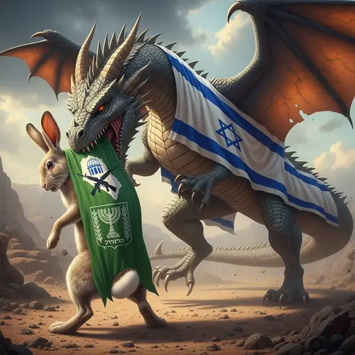 Dragon with Israel Flag Swallowing Rabbit Political Symbol