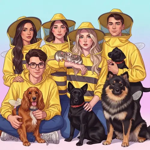 Diverse Group of Friends in Beekeeper Costumes with Pet Dogs and Rats