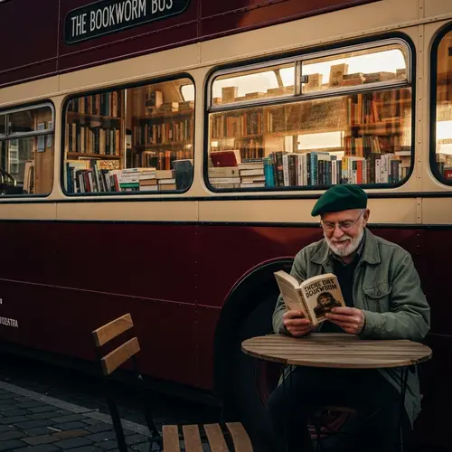 Elderly Man with Green Beret at Book Bus