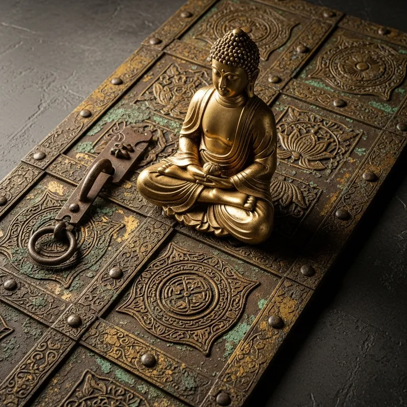 Golden Buddha Statue on Metal Door: Tranquil Meditation Scene