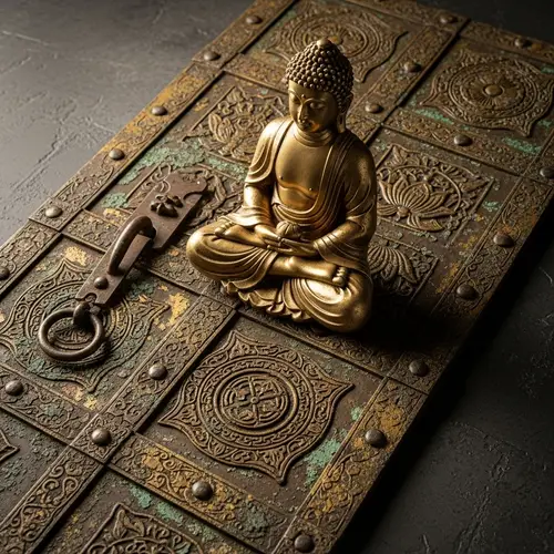 Golden Buddha Statue on Vintage Metal Door