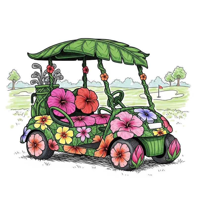 Hand Drawn Flower Golf Cart - Tropical Paradise Design
