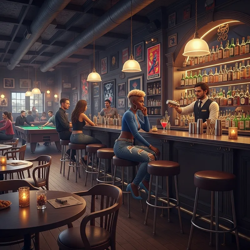 Hyper Realistic Bar Scene Illustration with African American Woman and Bartender Pouring Drinks