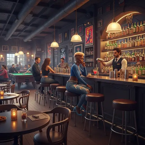 Hyper Realistic 8K Bar Scene Illustration with African American Woman