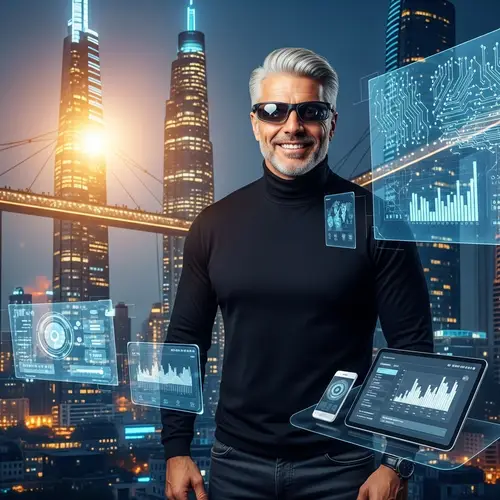 Innovative Gray-Haired Entrepreneur in Futuristic Setting