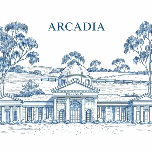 French Blue Etched Sketch of Palladio Arcadia Wedding Venue in NSW