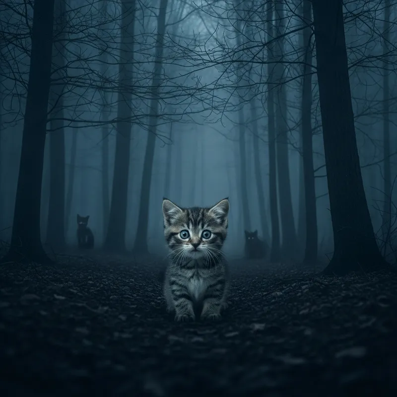 Enchanting Forest Shrouded in Mystery | Cute Kitten in Shadows