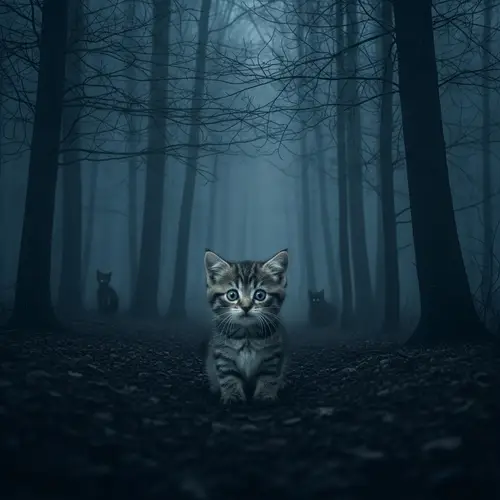 Eerie Forest with Adorable Kittens | Mystical Scene