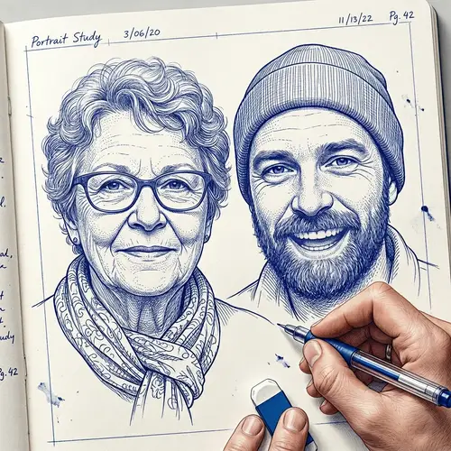 Intricate Line Drawing Sketch in Blue & White Ink