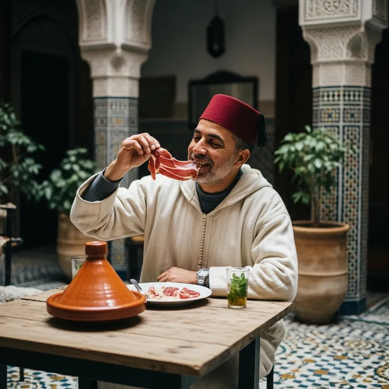 Moroccan Man Eating Ham - Traditional Cuisine Experience