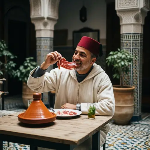 Moroccan Man Enjoying a Piece of Ham