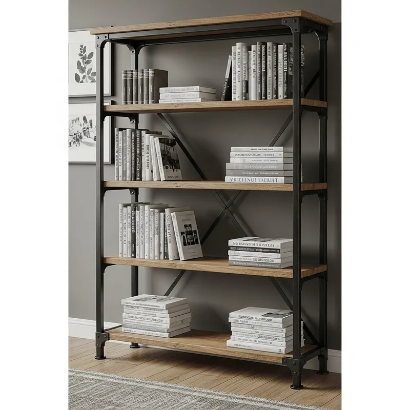 Industrial Metal and Wood Loft Bookshelf
