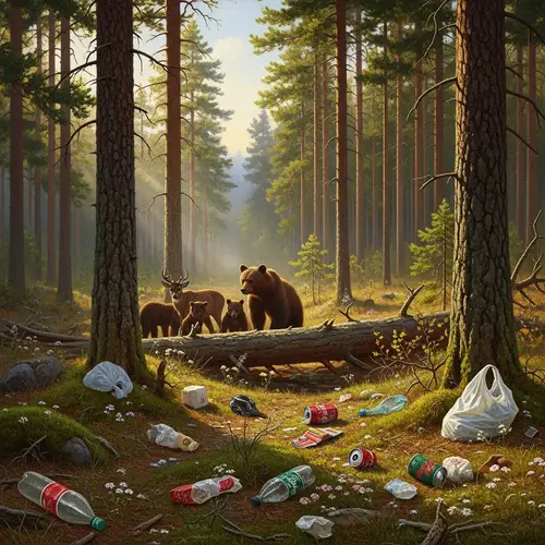 Morning in a Pine Forest with Environmental Message