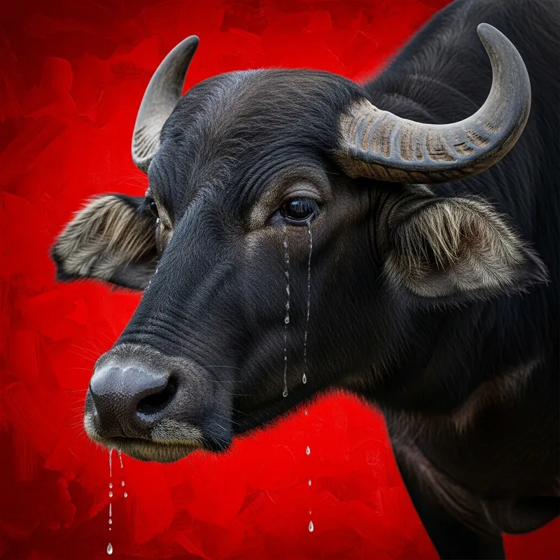 Realistic 3D Crying Water Buffalo with White Nose on Red Background Realistic 3D Crying Water Buffalo with White Nose on Red Background