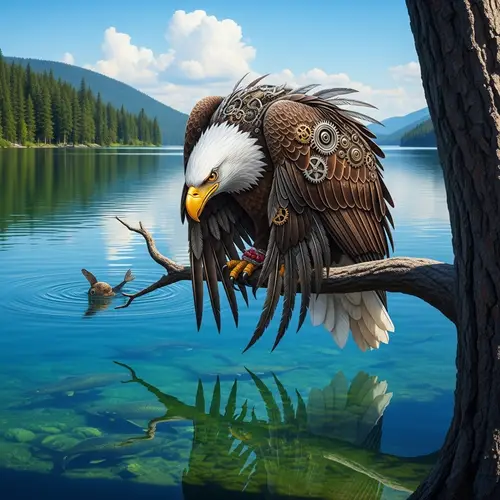 Mechanical Bald Eagle Watching for Fish in Crystal Clear Lake