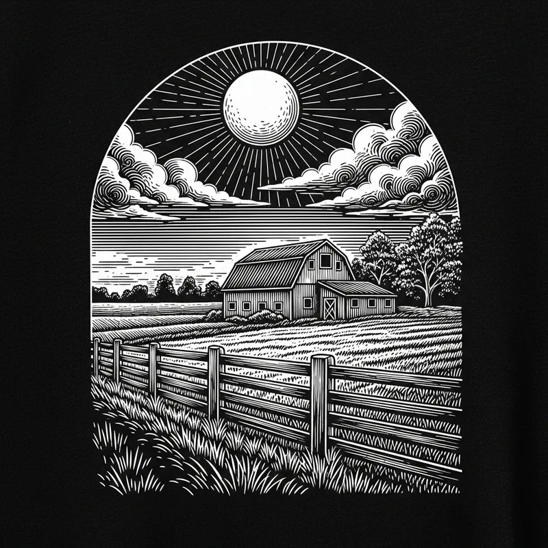 Vintage Farm Scene T-Shirt Design in Black & White