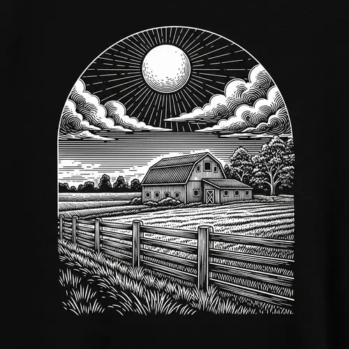 Vintage Farm Scene T-Shirt Design in Black & White
