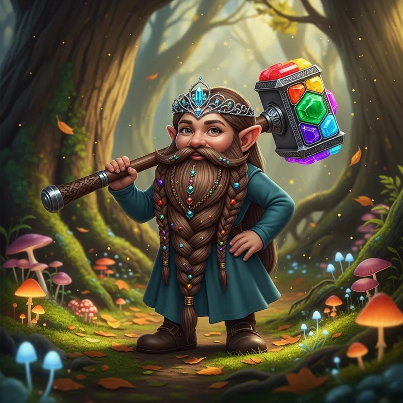 Bearded Gnome Girl with Diadem and Colorful Hammer