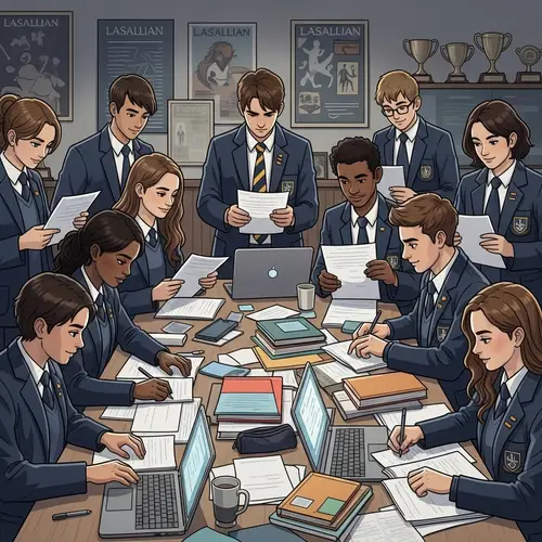 Diverse Group of Students in Lasallian School Uniforms Studying Hard