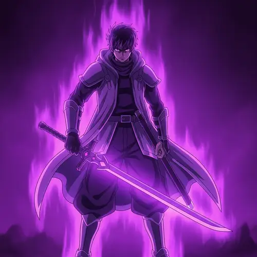 Anime-Style Character with Purple Aura and Sword