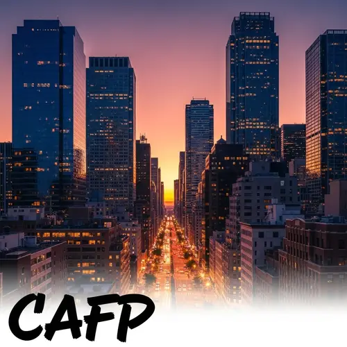 Vibrant City Skyline with CAFP Word Art | Urban Twilight Scene