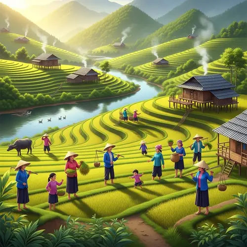 Tranquil Vietnamese Countryside: Lush Fields, Wooden Houses & Farmers