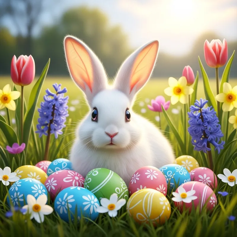 Easter Bunny: Charming White Bunny with Eggs & Flowers