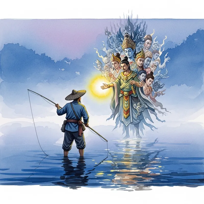 Misty Lake Encounter: Fisherman Meets Divine Being Misty Lake Encounter: Fisherman Meets Divine Being