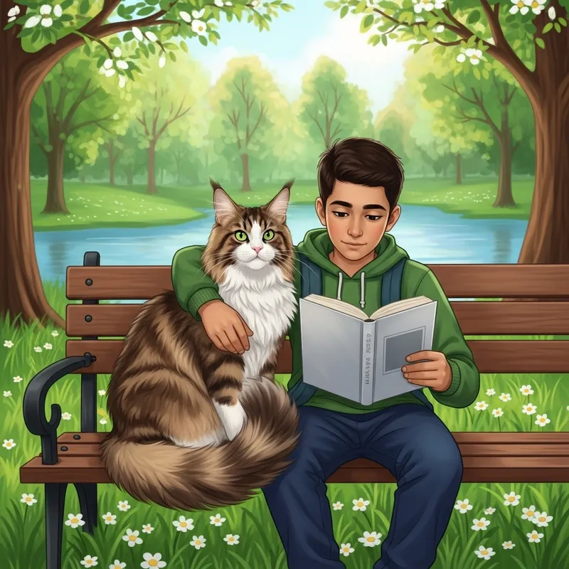 Boy Sitting with Cat in Park