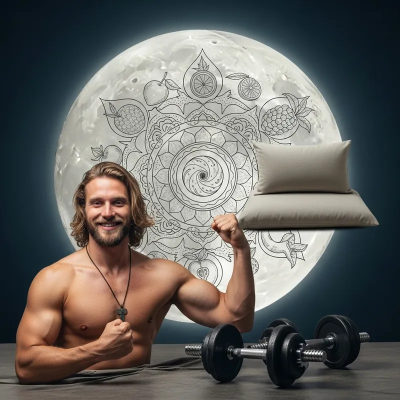Holistic Mandala with Fruits, Moon, Pillow, Dumbbells, and Smiling Man