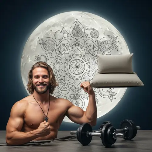 Holistic Mandala with Fruits, Moon, Pillow, and Dumbbells