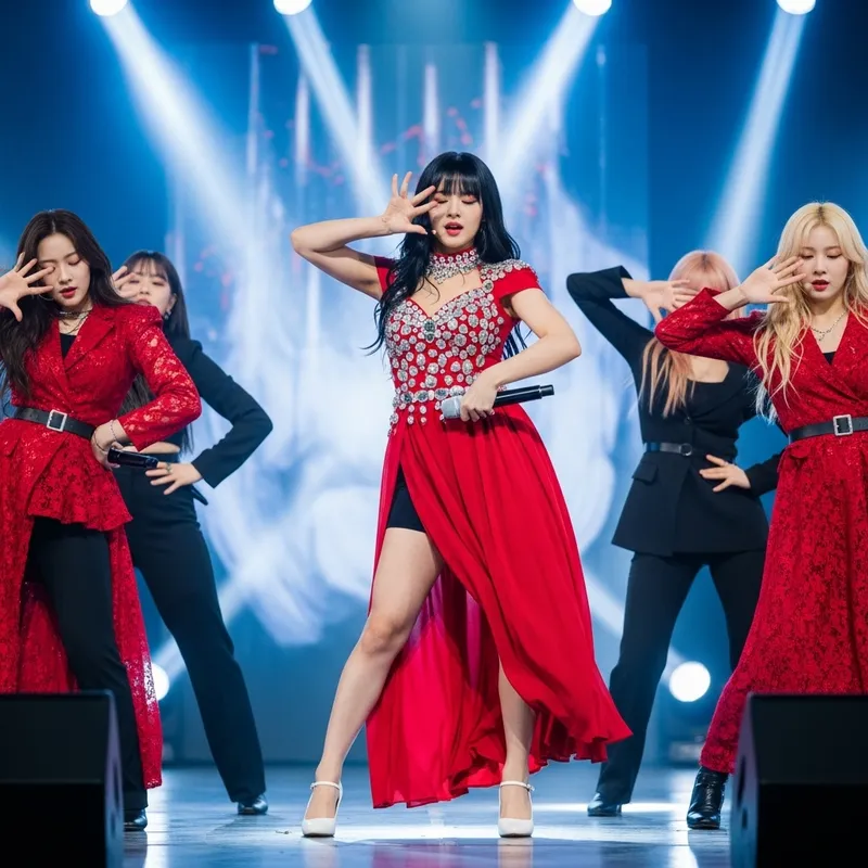 Captivating K-pop Idol in Red Dress Performing Concert Choreography
