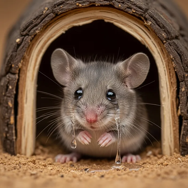 Heartfelt Grey Mouse Crying in Its Tiny Home Heartfelt Grey Mouse Crying in Its Tiny Home