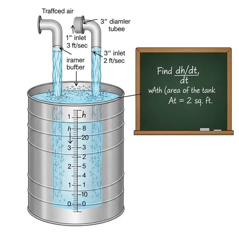 Calculating Rate of Change of Water Height in Tank with Two Inlets | Fluid Dynamics Problem