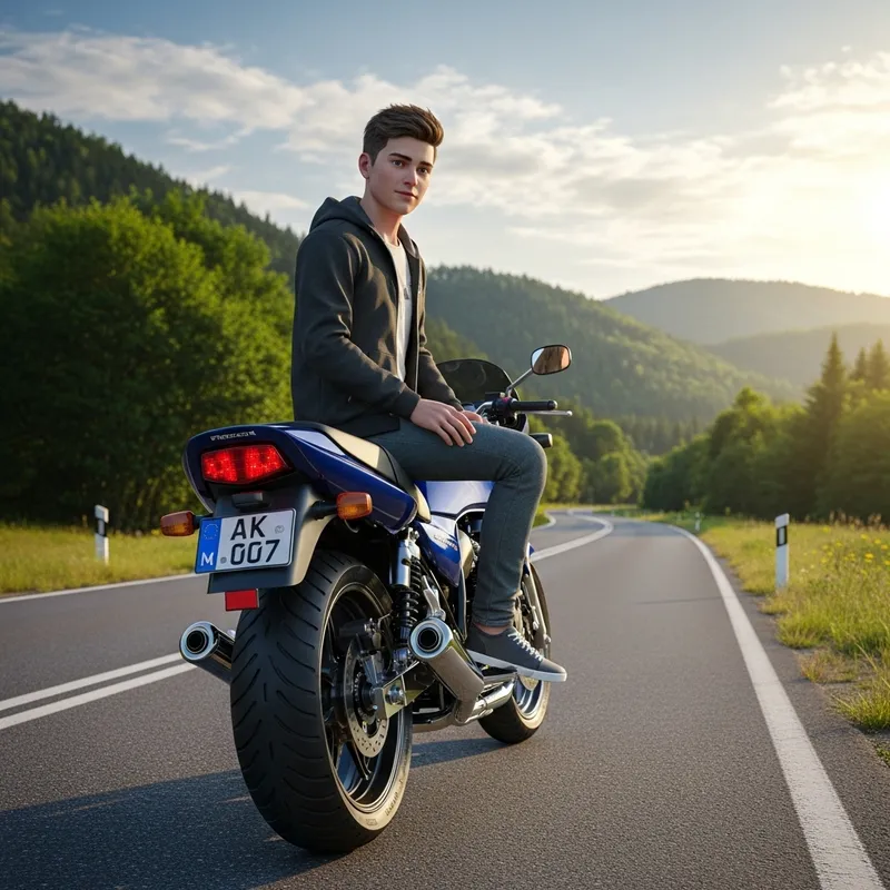 3D Illustration of 17-Year-Old Boy on GTR 350 Bike in Nature with AK-007 Plate