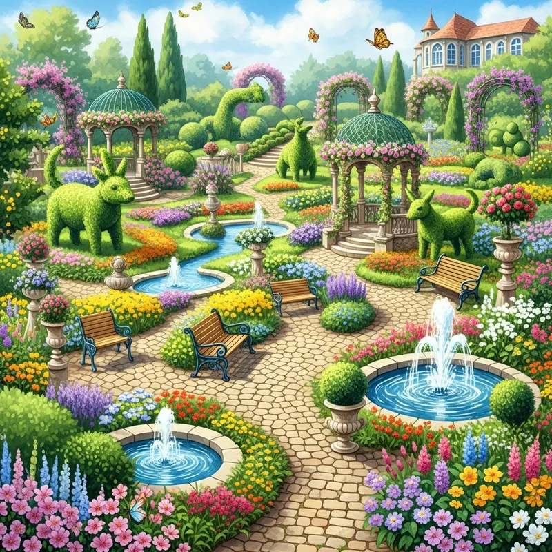 Whimsical Garden Watercolor - Vibrant Flowers & Topiary Magic