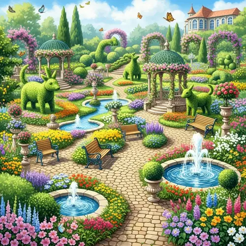 Whimsical Garden Watercolor Painting - Vibrant Flowers & Fantastical Topiary