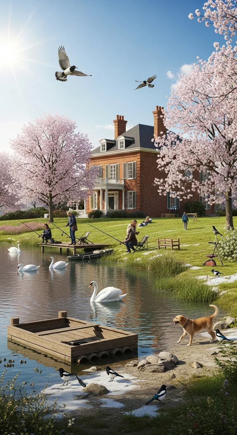 Tranquil Spring Scene: Brick House, Pond, Fishermen, Swans, and More