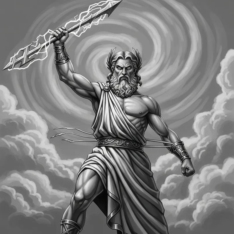Zeus Summoning Thunder in Gray Monochrome Zeus Summoning Thunder in Gray Monochrome