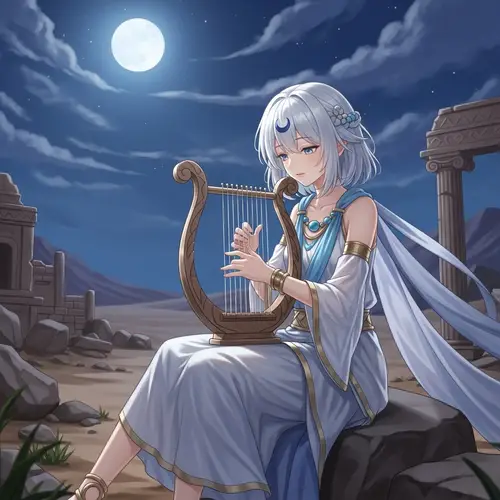 Serenity of a White-Haired Anime Girl Playing the Harp in a Desert Oasis