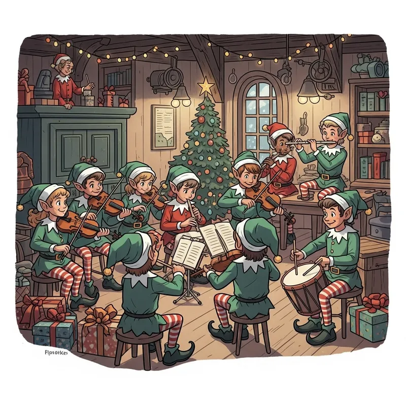 Iconic Santa's Elves Musicians in the Festive Santa's Workshop