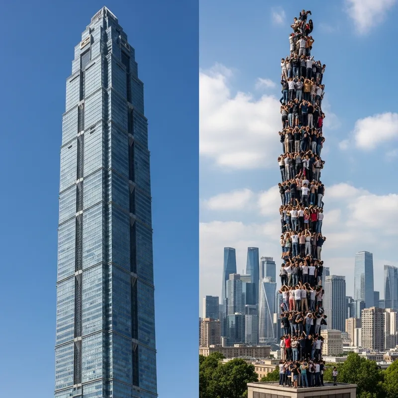 Surreal Tower of People by the World's Tallest Skyscraper