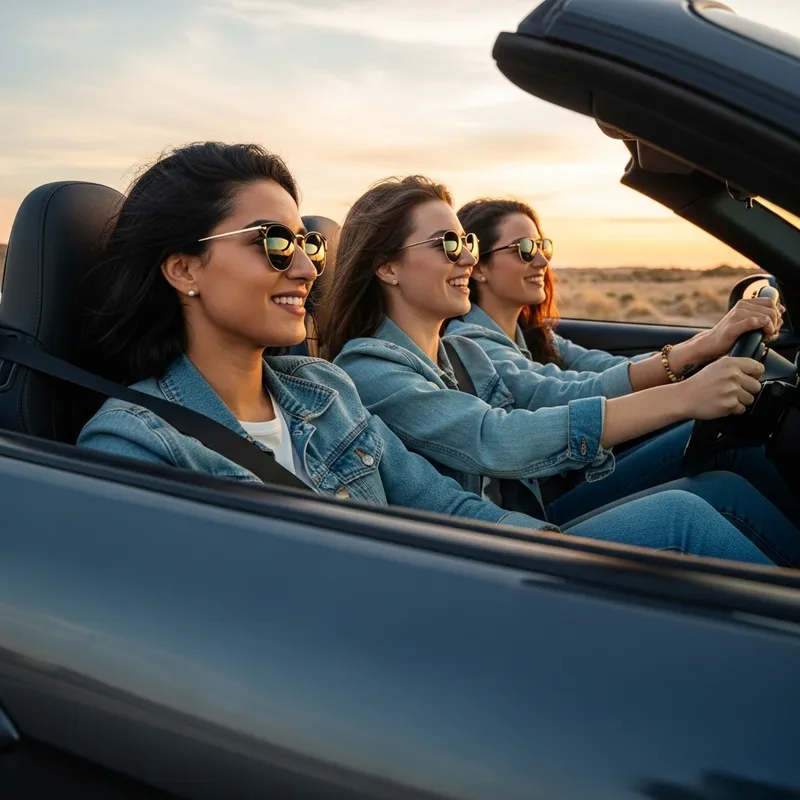 Three Stylish Girls Racing in a Sports Car
